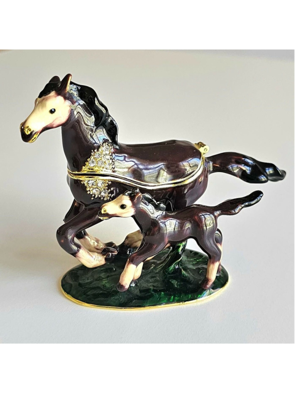 Vintage Arabian Horse Mare & Foal Hinged Trinket Box - Enamel & Crystal Accents
